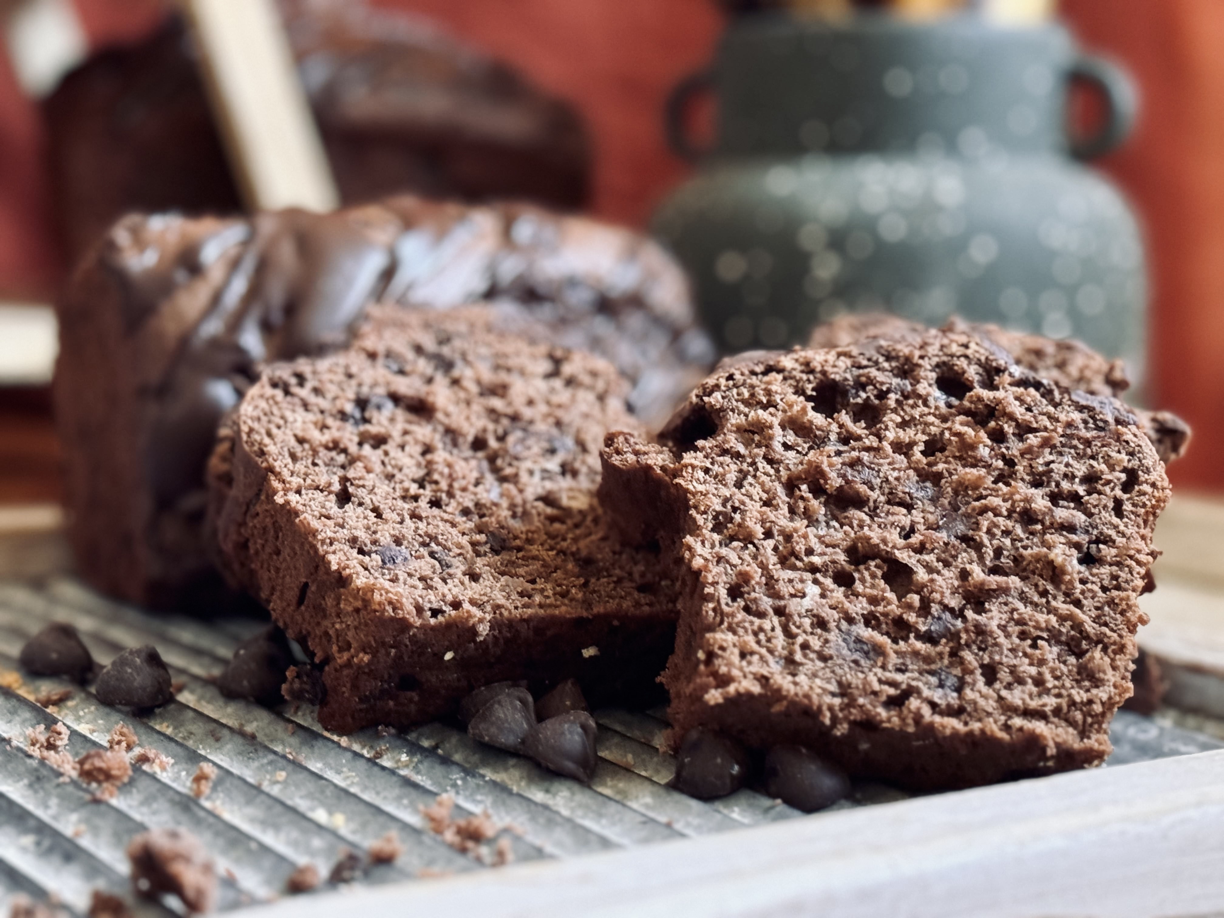 double chocolate sourdough banana bread, sliced